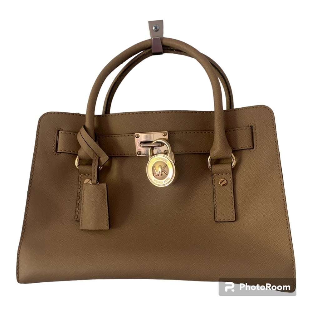 Michael Kors Hamilton Beige Saffiano Leather Satchel, Gold Chain Accent and Lock - Picture 1 of 15